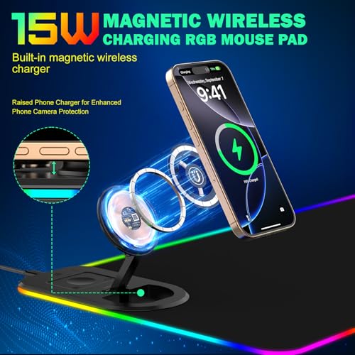 GIM RGB Gaming Mauspad 15W Qi Mousepad LED 800x350x4mm 10 Beleuchtungsmodi mit 10W Schnellladung Qi Kabelloses Laden für I-Phone 13/13 Pro Handy, Kopfhörer, Wasserdicht, rutschfest (Schwarz-Ständer) - Produktansicht 3 | TV | Video | Foto