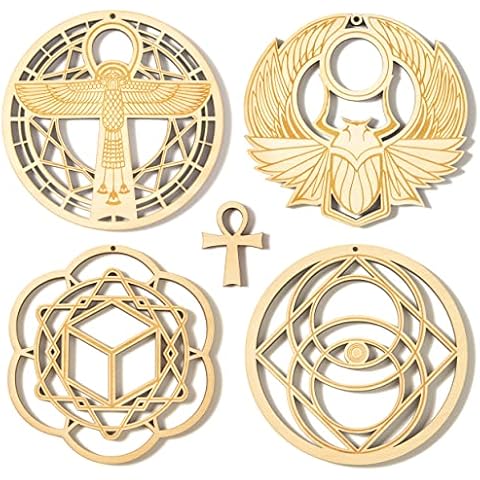 5.31" Sacred Geometry Wall Art 4 Pcs Set, Meditation Decor(Egyptian Ankh, Scarab Beetle, Vesica Piscis, Antahkrana) Crystal Grid Yoga Decor Wooden Art Set Spiritual Gifts Cover