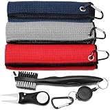 Newofview 3-in-1 Golfzubehör Set,Mikrofaser Handtuch mit Karabiner,Golfschlägerbürste Faltbare Pitchgabel Golf Accessoires für Herren, Rot Grau Blau