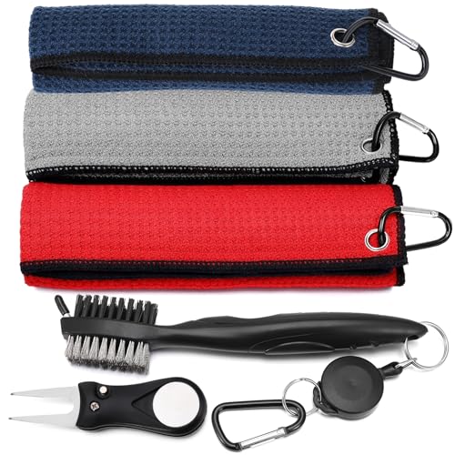 Newofview 3-in-1 Golfzubehör Set,Mikrofaser Handtuch mit Karabiner,Golfschlägerbürste Faltbare Pitchgabel Golf Accessoires für Herren, Rot Grau Blau