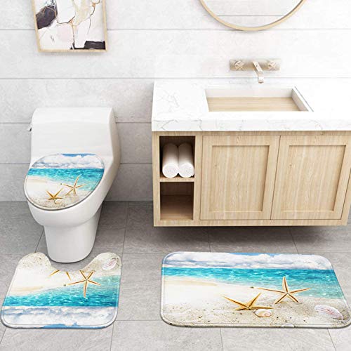 Artsocket 4 Pcs Shower Curtain Set Beach Summer Starfish Seashore Sand Shell Fish Holiday Ocean Aquatic Beautiful With Non-Slip Rugs Toilet Lid Cover And Bath Mat Bathroom Decor Set 72" X 72" #TOP3
