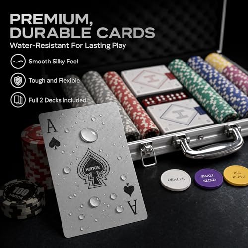 HEITOK Poker Koffer 300 Chips Set – 11,5g Pokerchips mit Wertaufdruck, Alu-Koffer, Karten, Würfel & Button