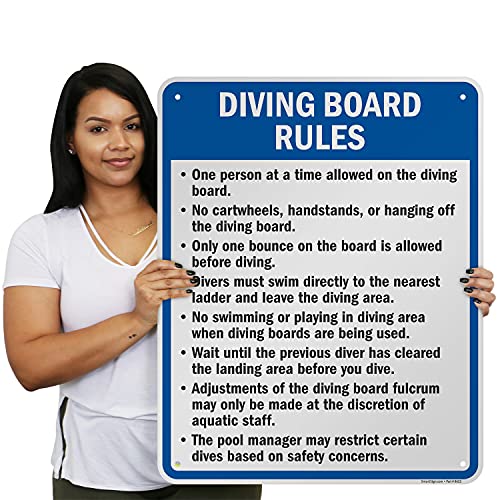 SmartSign 30 x 24 inch \"Diving Board Rules - One Person At A Time, No Cartwheels, Handstands Or Hanging~ Metal Sign, 80 mil Laminated Rustproof Aluminum, Blue, Black and White, Made in USA