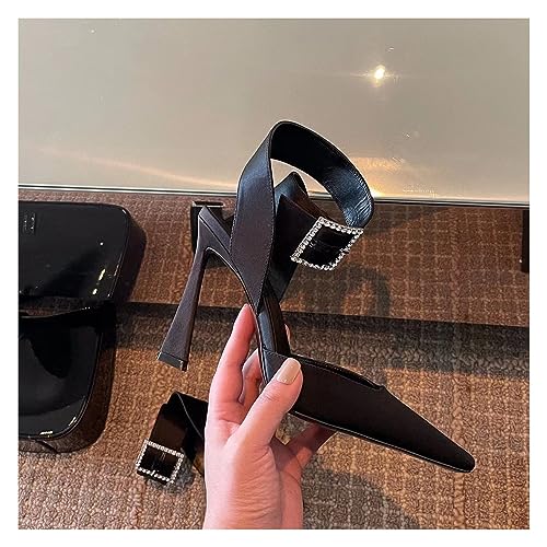 Black Single Shoes, Thin Heels, High Heels, Square Toe Women's Shoes, Rhinestone Hollow Thick Heels, Sizes 5-8(Black9cm,7)2