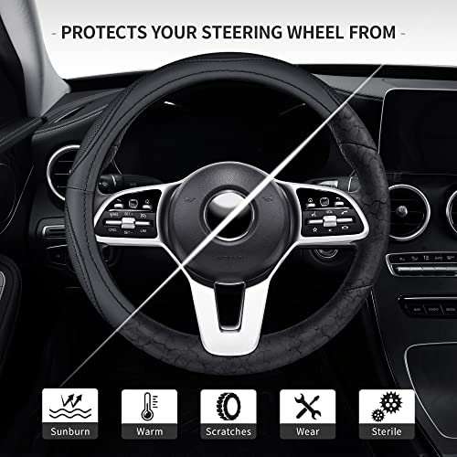 Image of Microfiber Leather 15 inch Universal Fit Car Steering Wheel Cover, Elastic Breathable and Odorless, Black