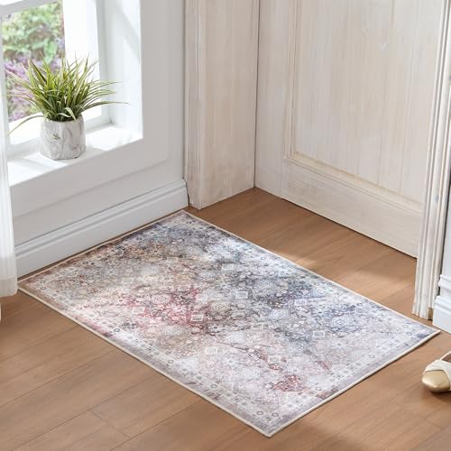 Vintage 2x3 Washable Area Rug, Low-Profile Entryway Rug with Non-Slip Backing & Durable Edge Binding, Pet-Friendly Doormat, Small Rug for Entryway, Kitchen, Living Room