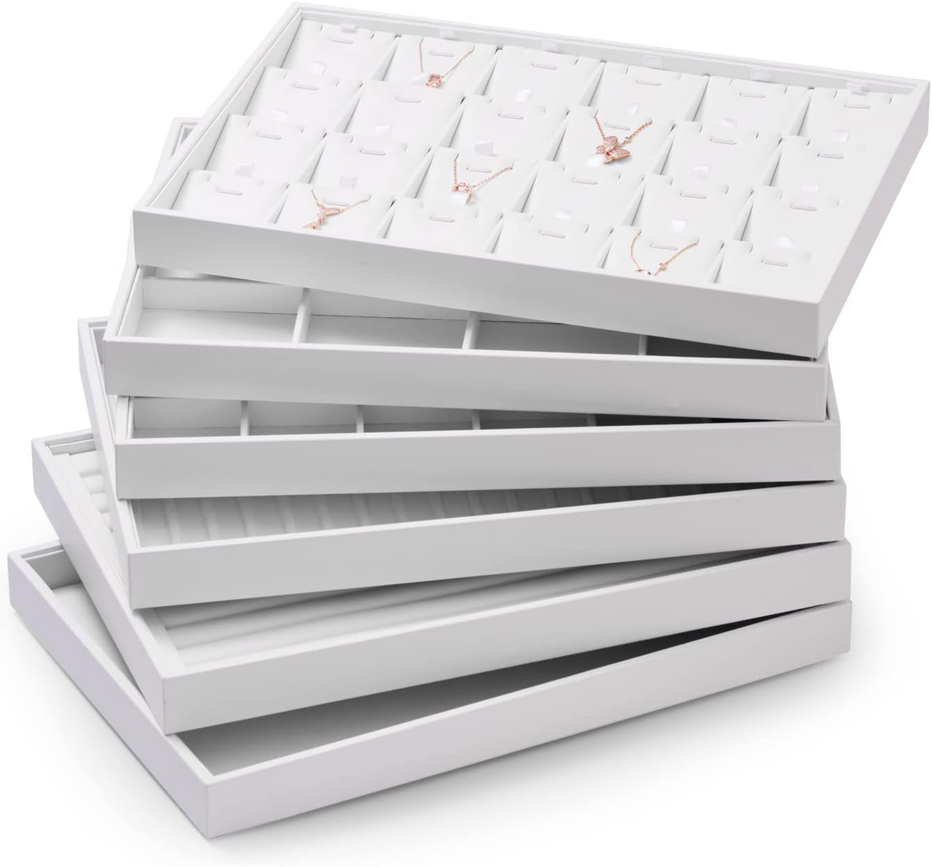 Oirlv Premium White Leather Stackable Jewelry Tray 24 Grid Jewelry Organizer Tray with Removable Inserts Cards Necklace Display Holder