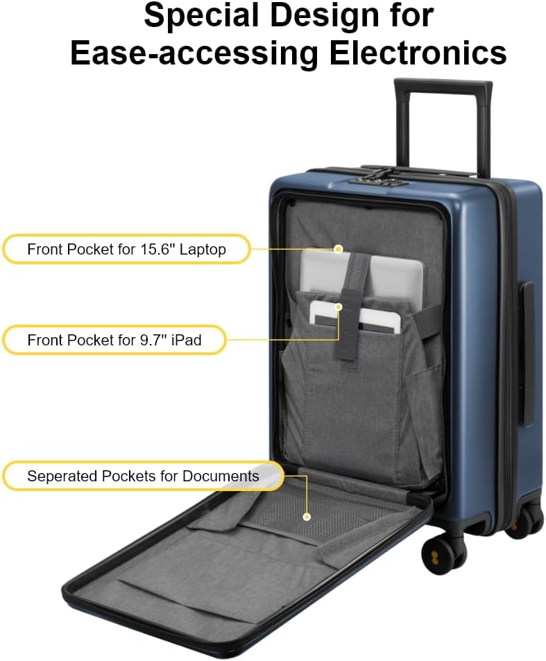 LEVEL8 Road Runner Carry On Luggage with Front Compartment, 20 Inch Lightweight Hard Shell Suitcases with Wheels Airline Approved, Tsa Locks for Luggage, Blue
