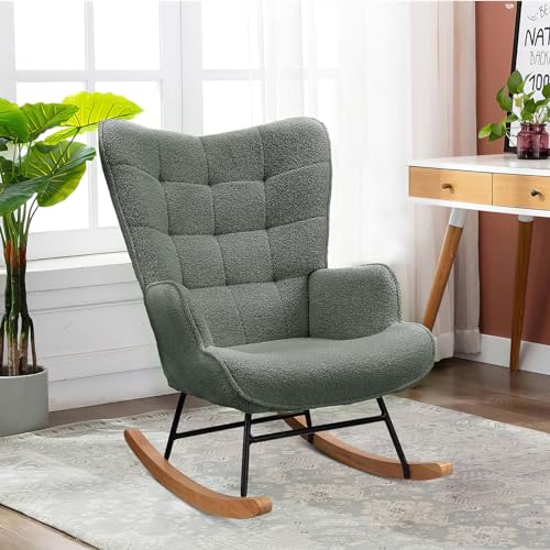 KeepGoon - Silla mecedora, mecedora de relajación, para dormitorio, salón, terciopelo Teddy con respaldo a cuadros, color gris oscuro