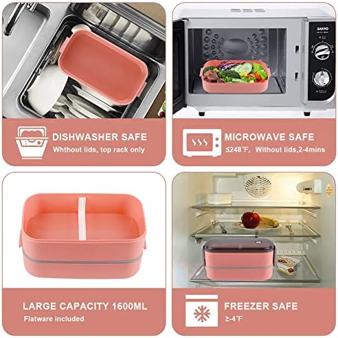 Kisstta Bento Lunch Box for Adult, 2 Layer Leak Proof Bento Box with Utensils, Portion Meal Prep Lunch Container for Kids/Adults, Microwave|Dishwasher Safe Cute Bento Box