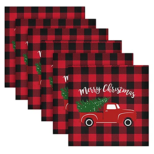 Wusikd Christmas Red Truck Cloth Napkins Set of 6 Buffalo Plaid Dinner Napkins Solid Washable Reusable Polyester Table Napkins Oversized 20