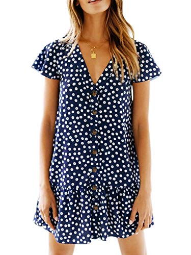 Image of Imysty Womens Polka Dot V Neck Button Down Ruffles Loose Mini Short T-Shirt Dress