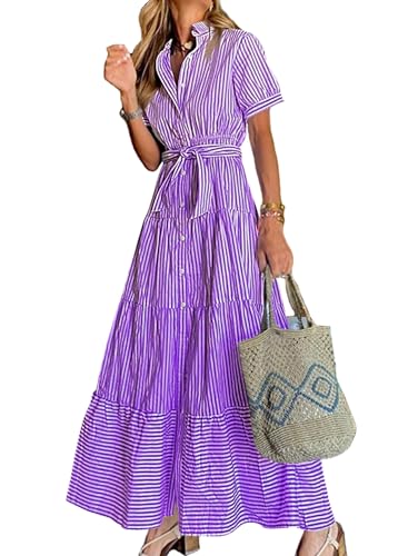 Image of Women Summer Striped Maxi Long Button Down Short Sleeve Tie Waist Tiered Casual Dress