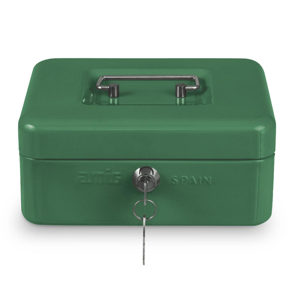 Amig Green - Secure Cash Box | Nickel-Plated Key Lock With 2 Keys | Handle For Easy Transport | Coin Tray For Organisation | Versatile For Home, Office Or Travel, 200 X 160 X 90 Mm, Alloy Steel