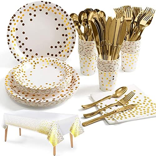 Nkaiso Party Tableware Pink Gold 141 Pieces Paper Tableware Set Includes Paper Plates Napkins Cups Knives Forks Spoons for Wedding Shower Engagement Wedding Birthday (20 Guests)