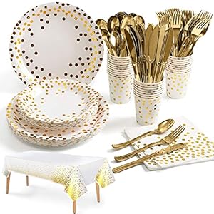 Nkaiso Vajilla de Fiesta,141piezas Blanco Puntos Dorados Reutilizable Set de Juego de Platos y Cubiertos, cubertería de cartón, Vasos y servilletas, para cumpleaños, Bodas, Aniversarios(20 Invitados)