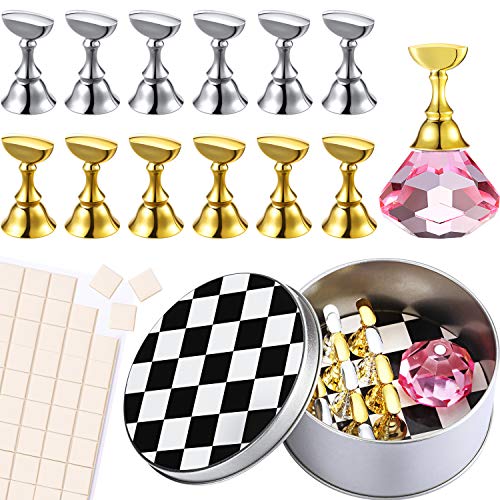 14 Pieces Acrylic Nail Display Stand Set Includes 12 Pieces Black and White Nail Practice Holders with a Crystal Base and White Removable Adhesive Putty for Nail Tip Manicure Tool (Gold and Silver)