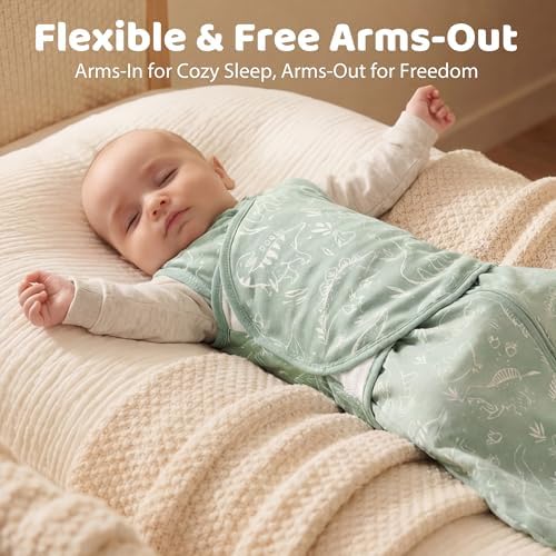 FIEMOL Baby Swaddle Sleep Sack 3-6 Months, Cotton Swaddles for Newborns Boys Girls, 2-Way Zipper Transitional Infant Wearable Swaddling Blanket with Quiet Closure, 0.5 TOG 2 Pack Soft Green Dinosaur — view 4
