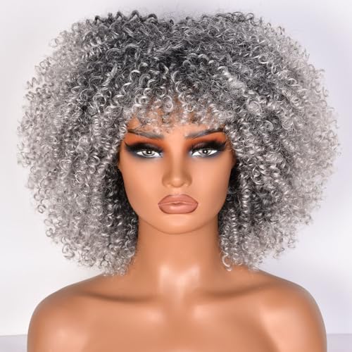Lizzy 10 Inch Afro Curly Wigs for Black Women Synthetic Afro Wig with Bangs Heat Resistant Short Kinky Curly Wigs for Cosplay and Daily