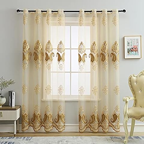 ELKCA Luxury Embroidered Sheer Curtains for Living Room Coffee Tulle Curtains for Bedroom Transparent Yarn Curtain,Grommet Top,52" W x 96" L,2 Panels Cover