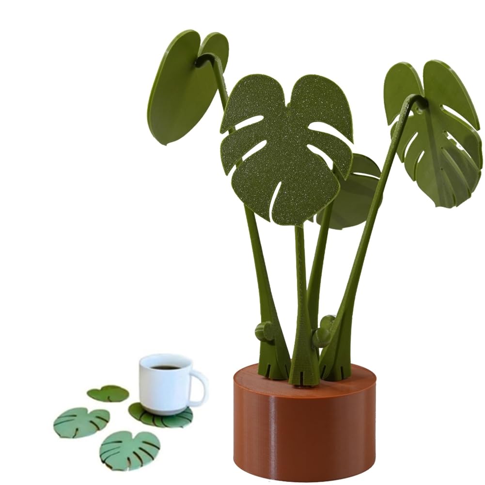 CTRLZS Monstera Plant Coasters Set 3D Printed, Waterproof&Anti-Scald Plant Coaster Reusable Coaster Desk(Brown Base)