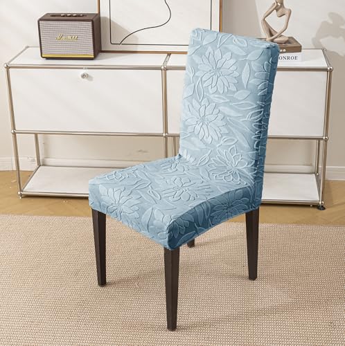 Image of House of Quirk Stretchy Universal Camellia Jacquard Waterproof Chair Cover Removable & Washable Short Dining Chair Cover Protector Seat Slipcover (Light Blue,Pack of 8)