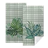 Kwlegh Palm Leaves Hand Towel Tropical Monstera Leaves Kitchen Dish Towel Green Check Plaid Bath Tow
