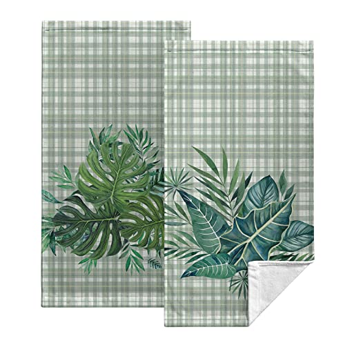 Kwlegh Palm Leaves Hand Towel Tropical Monstera Leaves Kitchen Dish Towel Green Check Plaid Bath Towel Set Of 2 Soft Absorbent Bathroom Towels For Bathroom Kitchen Gym Yoga 14.4 X 28.3 Inch #TOP12