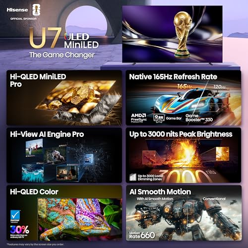 Image of Hisense 100 inch U7 Mini-LED ULED 4K UHD Best Premium Gaming Smart Google TV (100U7SG, 2026 New) - Hi-QLED, Native 165Hz, VRR 288, High Brightness, HDR10+, Dolby Vision IQ.Atmos, IMAX Enhanced, 2.1.2 Ch