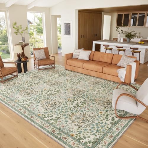 Image of 9x12 Washable Area Rug, Soft Non Slip Low Pile Rug for Living Room, Bedroom, Large Dining Room, Vintage Floral Design, Stain Resistant Carpet