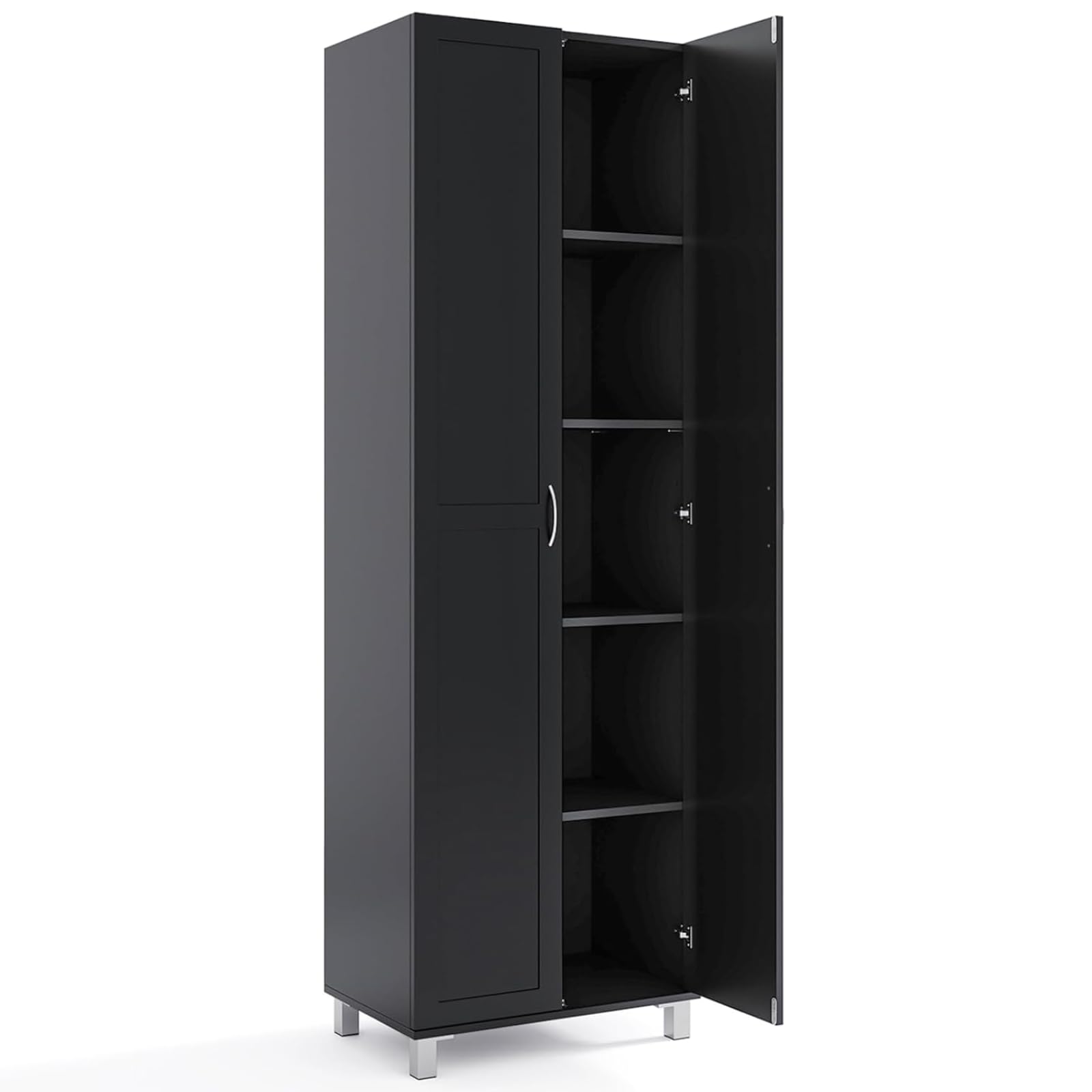 TANGZON 187cm Tall Kitchen Cupboard, 2-Door Freestanding Pantry Cabinet with Adjustable Shelf & Anti-toppling Device, Wooden Storage Cabinet for Home Kitchen Dining Living Room (Black)