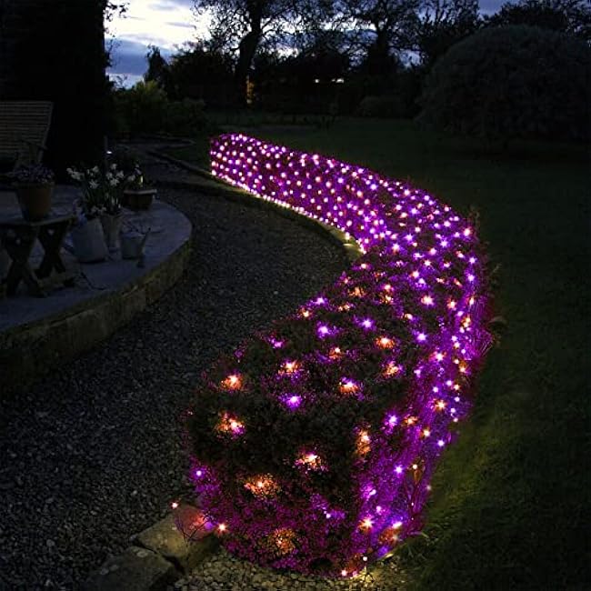 TW SHINE Halloween 200 LED Net Lights, 9.8 FT x 6.6 FT Connectable Waterproof Decorations with 8 Modes for Outdoor Garden Holiday Party (Purple & Orange)