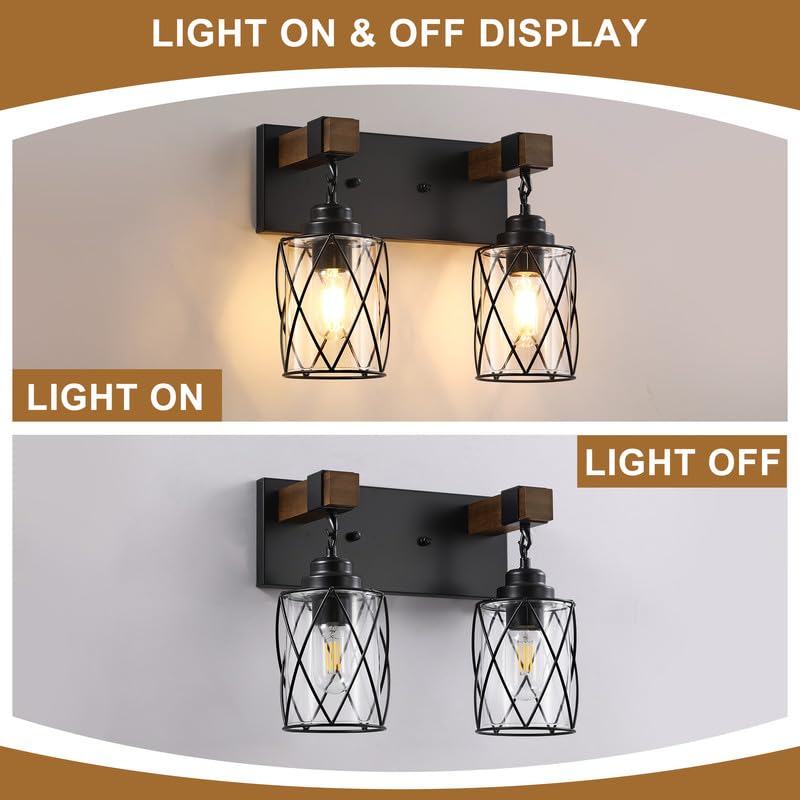 Image of Bathroom Light Fixtures, Farmhouse Wood & Black Metal with Glass Shade | 2 Light Rustic Vanity Lights, Mounted Over Mirror For Bathroom, Bedroom and Hallway, Easy To Install