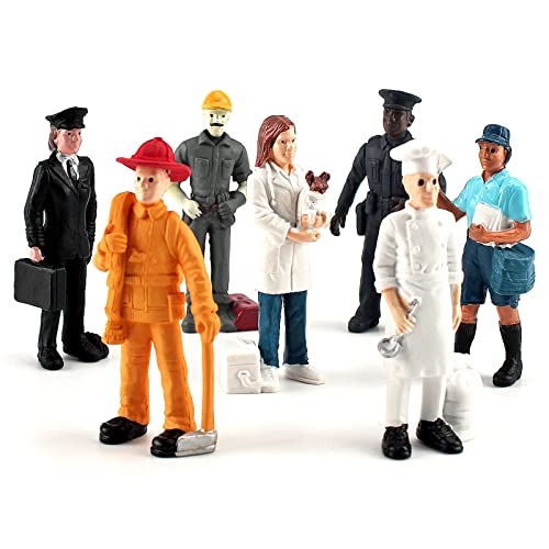 BRETOYIN Working People Figurines Toy Playset 7PCS Individually Hand-Painted Mini People Action Figures Realistic Fireman Police Officer Postman Pilot People Figurine Model Toy for Kids