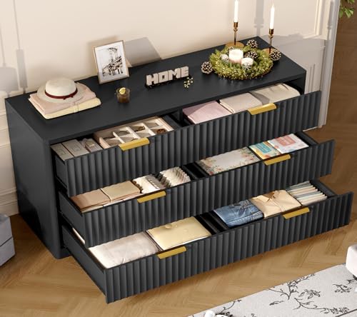 Image of TEENFON Fluted 6 Drawer Dresser for Bedroom, Wide Modern Chest of Drawers with Metal Handle, Curved Profile Design, Wood Closet Clothes Storage Organizer for Bedroom, Living Room, Hallway, Black
