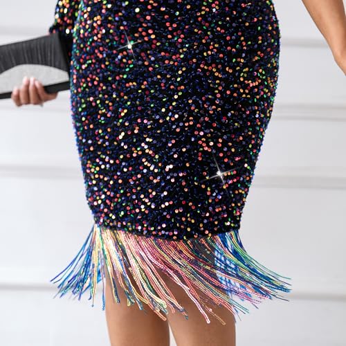 Image of dasmzper Women Sexy Sequin One Shoulder Long Sleeve Tassel Hem Bodycon Midi Dress Party Cocktail Dress