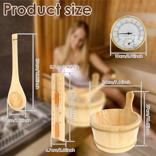 4Pcs Sauna Accessories Set Wood Sauna Bucket Sauna Spoon with Long Handle Design 2 in 1 Sauna Thermometer and Hygrometer Hourglass Timer Easy to Use Sauna Kit Suitable for Home(Sauna 4 -piece set)