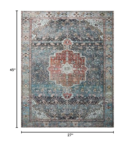 Loloi Margot Collection MAT-05 Ocean/Brick 2'-3" x 3'-9" Accent Rug, No-Shed Easy Clean Large Patterned Area Rug for Living Room, Bedroom, Dining Area