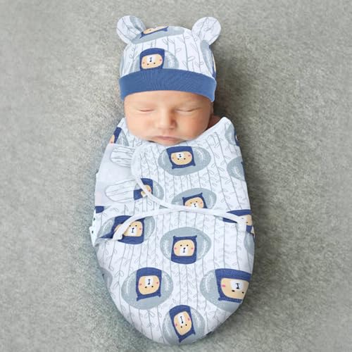 Image of Cinaci 2 Pack Adjustable Soft Cotton Blend Newborn Baby Receiving Swaddle Blankets Sleep Sacks with Nursery Hats Caps Beanies Bonnets for Baby Girls Boys Newborns Infants