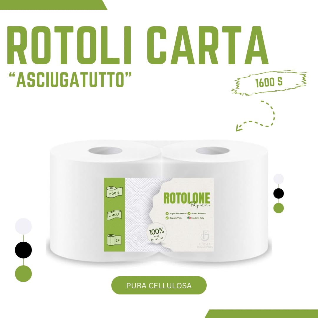 2 Rotoli carta Asciugatutto industriali extra resistenti - 1600 Strappi Rotolo, Bobina Pura Cellulosa 2 Veli idonea per dispenser - Rotoloni asciugatutto, carta assorbente cucina
