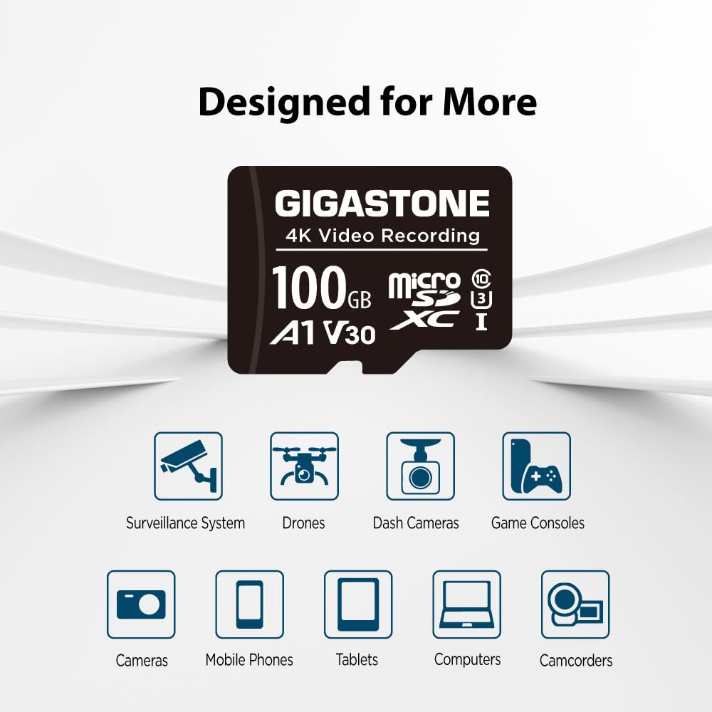 GIGASTONE Tarjeta Micro SD 100GB, A1 V30, Grabación de Video 4K, Compatible con Cámara de Seguridad, Dash CAM y Dron, MicroSDXC UHS-I hasta 100MB/s, con Adaptador