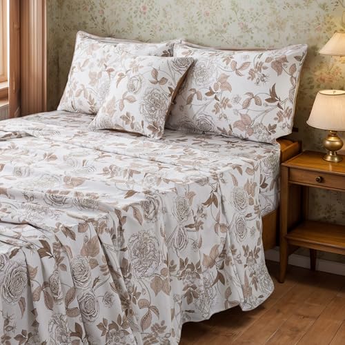 Image of FADFAY Sheets Set Twin Vintage White and Brown Floral Bedding Elegant Peony Sheets Set Shabby Rose Farmhouse Bedding 100% Egyptian Cotton 800 Thread Count Deep Pocket Fitted Sheet 4Pcs, Twin Size