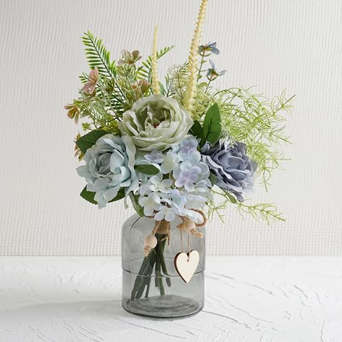 Fake Summer Flowers with Vase, Artificial Blue Dahlia & Rose Arrangement