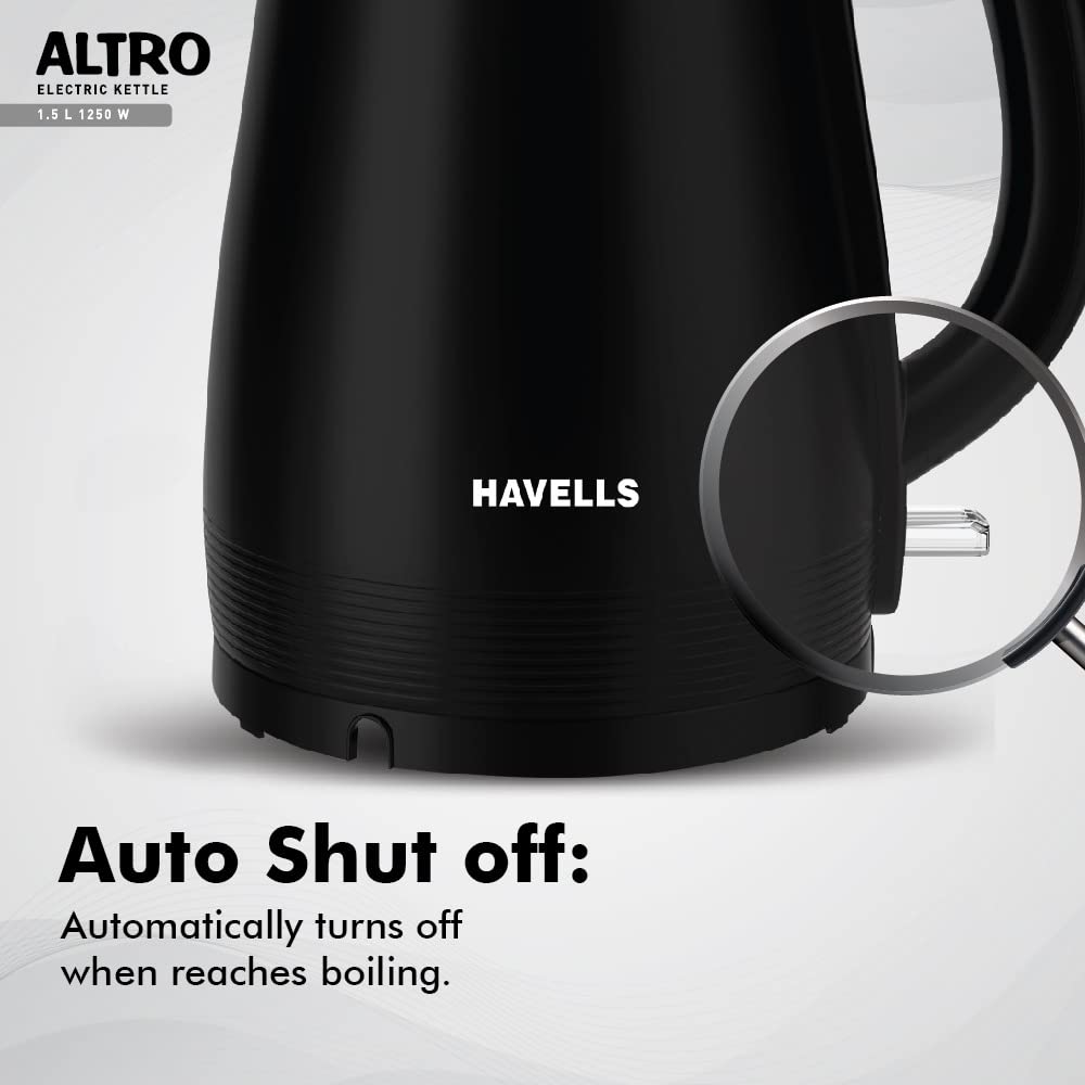 Havells Electric Kettle Altro 1250 Watts 1.5 liters, Double Layered Cool Touch Outer Body | 304 Rust Resistant SS Inner Body with Auto Shut Off | Wider Mouth | 2 Yr Manufacturer Warranty (Black) 3