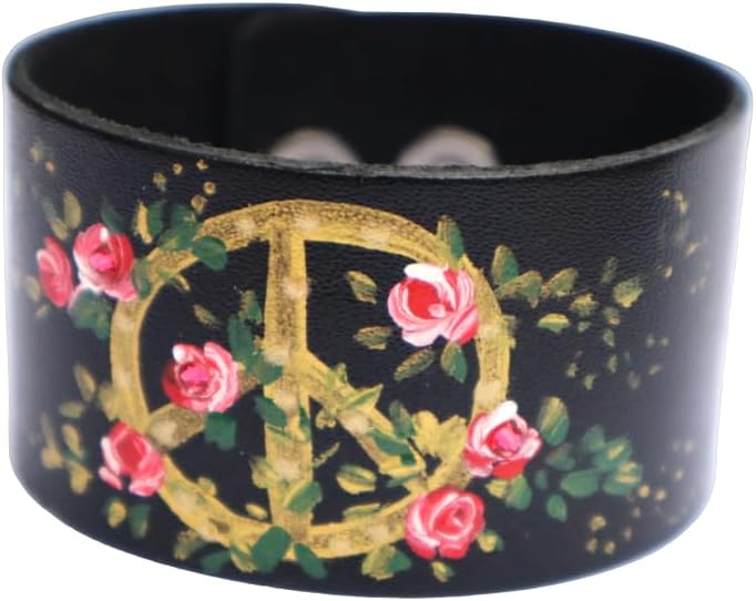 Boho Adjustable Wide Black Leather Cuff Bracelet Artist Hand Painted Gold Peace Sign and Pink Roses Bohemian Jewelry for Women Teen Girls