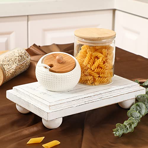 Wooden Riser White Rustic Pedestal Stand Wood Farmhouse Riser Rectangular Pedestal Display Tray For Coffee Bar Counter Kitchen Table Centerpiece Bathroom Dining Room Display #TOP4