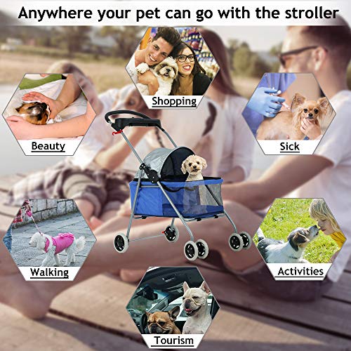 Dog Stroller Pet Stroller Cat Strollers Jogger Folding Travel Carrier Durable 4 Wheels Doggie Cage With Cup Holders 35Lbs Capacity Waterproof Puppy Strolling Cart For Small-Medium Dogs, Cats - Blue #TOP6