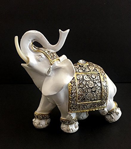 Antique White Finish Decorated Elephant Statue Trunk Up Lucky Elephant Home Decor - Oma® Brand #TOP6