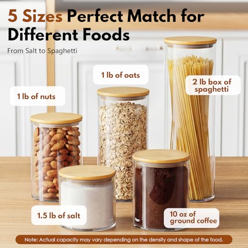 Image of 5 Pack MultiSize Glass Jar with Lid, Coffee Storage Canister for Candy | Seal, BPA-Free, Bamboo Lid, Coffee Bar Accessories, for Coffee Beans, Creamer, Salt, Overnight Oats, Brown sugar, Candy, Tea