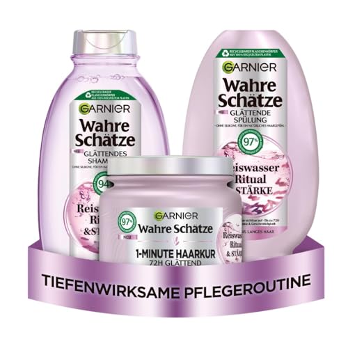 Garnier Wahre Schätze Glättendes Haarpflege-Set für mittellanges bis langes Haar, Ritual & Stärke Reiswasser-Shampoo (250 ml), Reiswasser-Spülung (200 ml), Reiswasser 1-Minute Haarkur (340 ml)